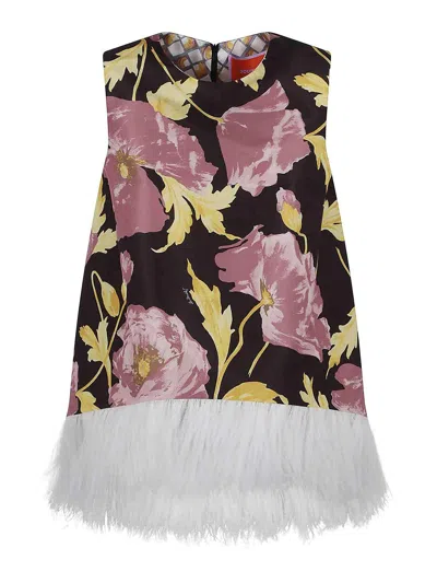 La Doublej La Double J Floral Print Top With Feather Trim In Sylph
