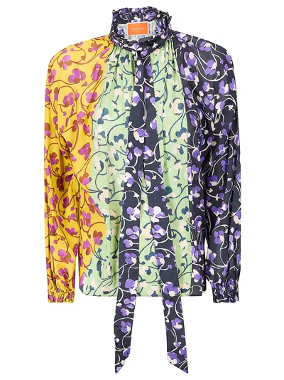 La Doublej V-neck Blouse With High Collar And Embroidery Detail In Multi