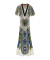 La Doublej Marlene Multicolor Long Flared Dress With V Neck And All-over Graphic Print In Silk Woman In Blue