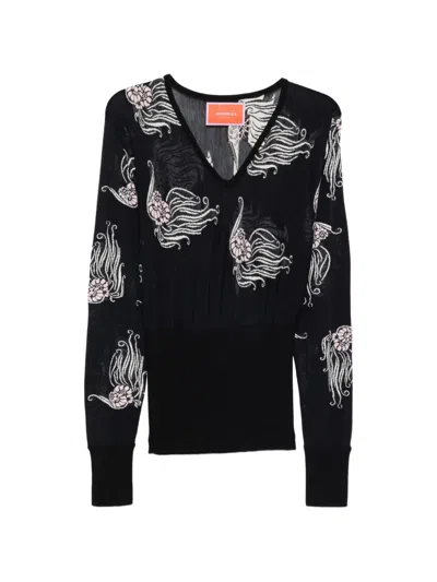 La Doublej V-neck Floral Print Sweater In Black