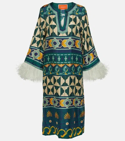 La Doublej Va-va Feather-trimmed Silk Midi Dress In Multicoloured