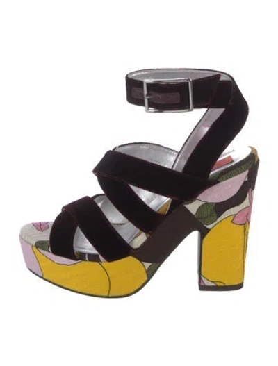 Pre-owned La Doublej Velvet Printed Sandals In Multi