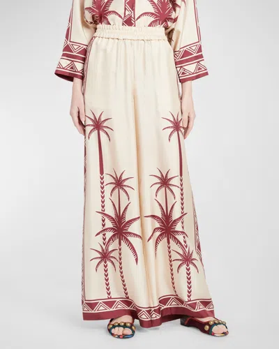 La Doublej Wide-leg Silk Palazzo Pants With Floral Detail In Date Palms Placee Ivory