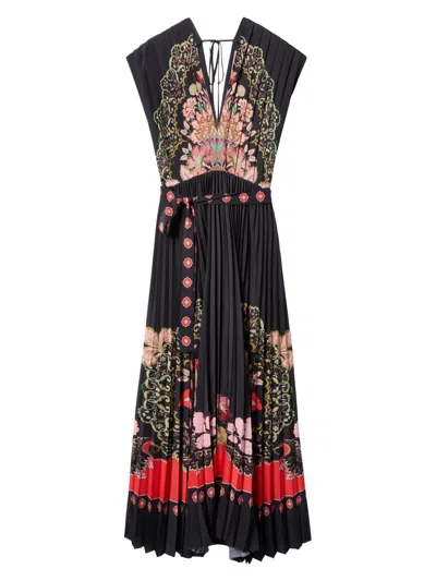 La Doublej Belted Pleated Printed Crepe De Chine Maxi Dress In Black