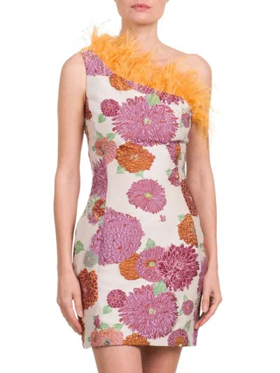 La Doublej Women's Edition 33 Feather & Jacquard Mini Dress In White Pink Multi