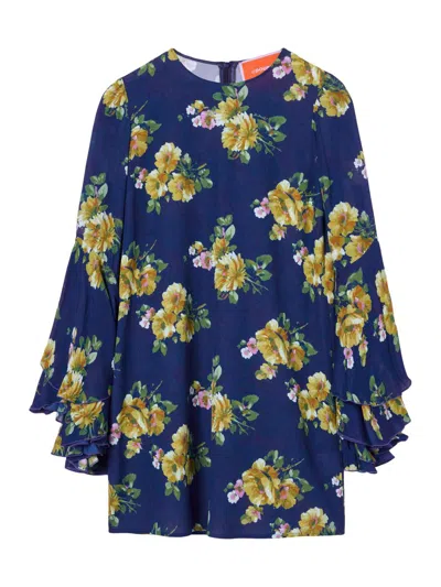 La Doublej Floral Bell-sleeve Mini Dress In Blue