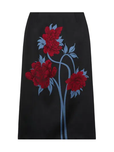 La Doublej Floral-print Twill Midi Skirt In Black