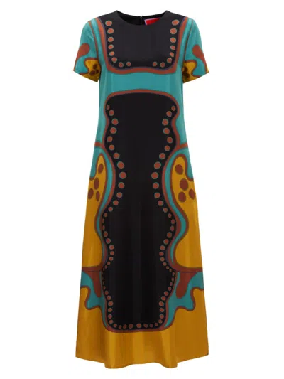 La Doublej Silk Printed Swing Dress In Spritz Placee Black