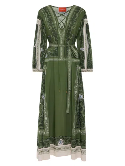La Doublej Viviana Laced V-neck Long-sleeve Maxi Dress In Green