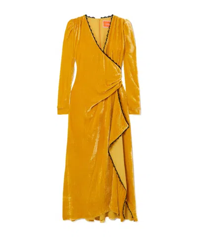 La Doublej Wrap-effect Draped Lace-trimmed Velour Maxi Dress In Yellow