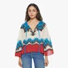 La Doublej Boho Tie-detailed Printed Cotton Peplum Blouse In Red