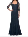 La Femme Long Lace Mermaid Gown With Square Neckline In Blue