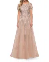 La Femme A Line Tulle And Lace Gown With Short Sleeves In Multi