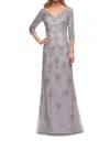 La Femme Embroidered Lace Column Gown In Silver