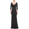 La Femme 3/4 Sleeve Long Jersey Dress With Sweetheart Neckline In Black