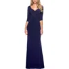 La Femme Ruched Jersey Column Gown In Navy