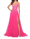 La Femme A-line Gown With Sheer Floral Embellished Bodice In Pink