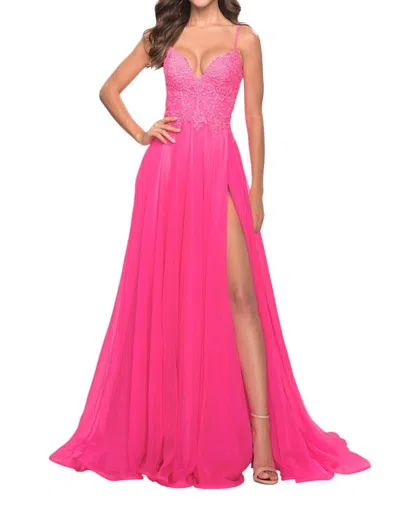 LA FEMME A-LINE CHIFFON SKIRT PROM DRESS IN NEON PINK