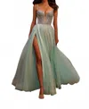 La Femme A-line Corset Bodice Prom Dress In Arctic Blue In Green