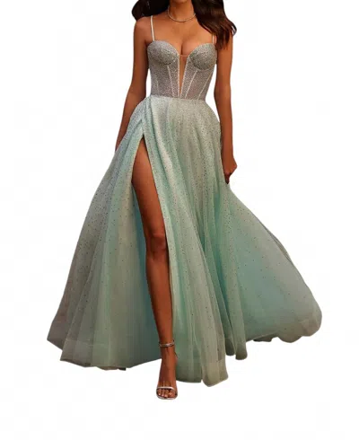 La Femme A-line Corset Bodice Prom Dress In Arctic Blue In Green
