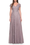 La Femme A-line Dress With Lace Applique And Sheer Short Sleeves In Dusty Lilac