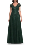La Femme A-line Dress With Lace Applique And Sheer Short Sleeves In Emerald