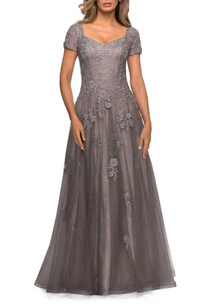 La Femme A-line Dress With Lace Detail And Sheer Cap Sleeves In Platinum