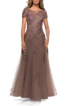 La Femme A-line Formal Gown With Floral Lace Appliques In Cocoa