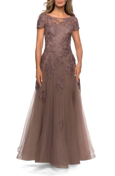 La Femme A-line Formal Gown With Floral Lace Appliques In Cocoa