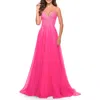 La Femme A-line Gown With Sheer Floral Embellished Bodice In Neon Pink
