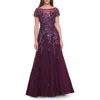 La Femme A-line Gown With Unique Sequin Floral Applique In Dark Berry