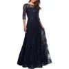 La Femme A-line Lace Sequin Gown With Sheer Scoop Neckline In Navy