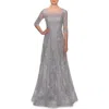 La Femme A-line Lace Sequin Gown With Sheer Scoop Neckline In Silver