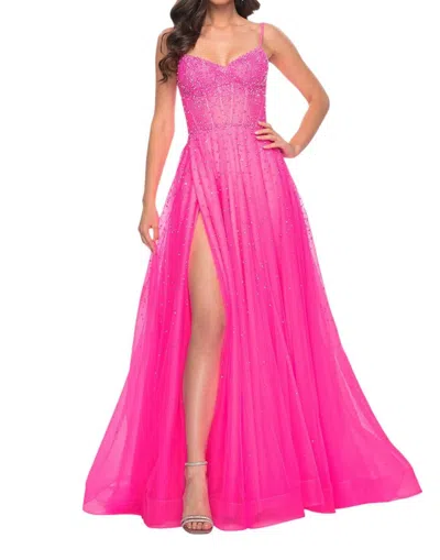 La Femme A-line Large Rhinestones Prom Dress In Neon Pink