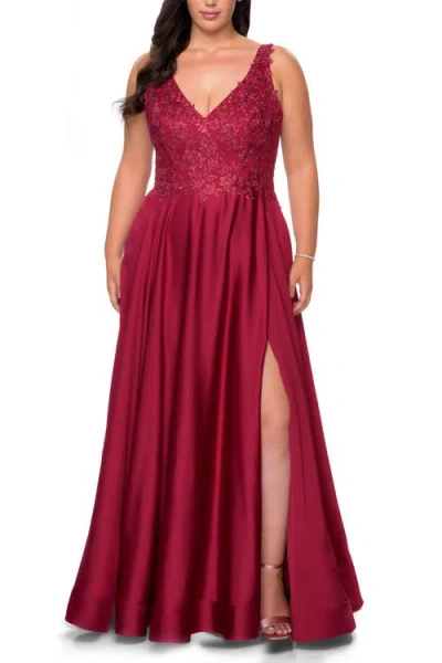 La Femme A-line Plus Size Dress With Rhinestone Lace Bodice In Burgundy
