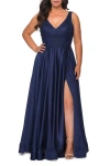 La Femme A-line Plus Size Dress With Rhinestone Lace Bodice In Blue
