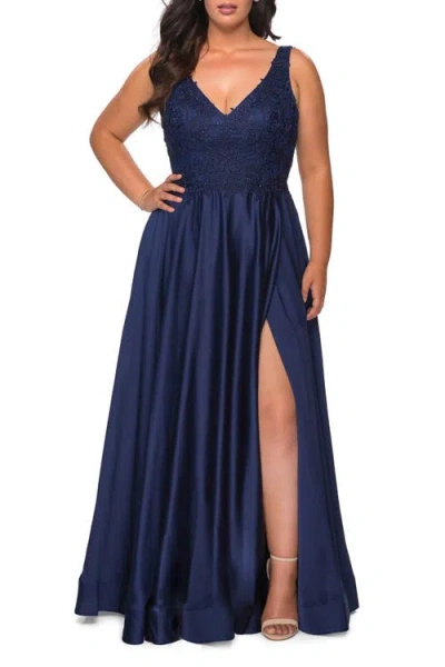 La Femme A-line Plus Size Dress With Rhinestone Lace Bodice In Blue
