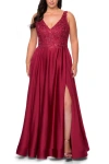 La Femme A-line Plus Size Dress With Rhinestone Lace Bodice In Burgundy