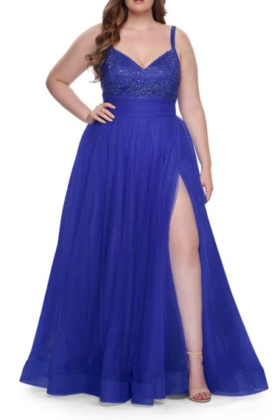 La Femme A-line Plus Size Prom Dress With Rhinestone Bodice In Blue