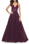 La Femme A-line Prom Dress With Illusion Ruched Bodice In Purple