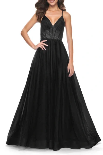 La Femme A-line Prom Dress With Illusion Ruched Bodice In Black