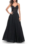 La Femme A-line Prom Dress With Sequin Lining And Illusion Top In Black