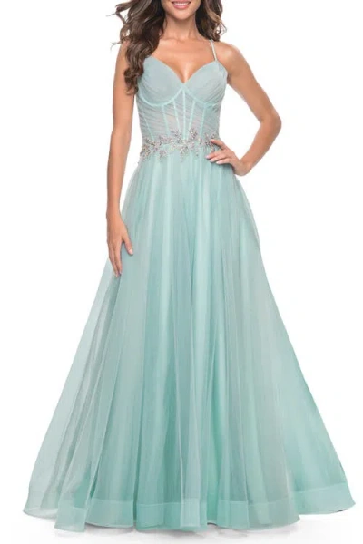 La Femme A-line Prom Gown With Ruched Bodice And Rhinestone Belt Detail