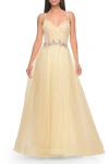 La Femme A-line Prom Gown With Ruched Bodice And Rhinestone Belt Detail