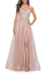 La Femme A-line Prom Gown With Ruched Bodice And Rhinestone Belt Detail