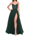 La Femme A-line Rhinestone Leaf & Floral Prom Dress In Dark Emerald In Green