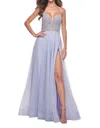 La Femme Sheer Rhinestone Bodice A-line Tulle Gown In Purple