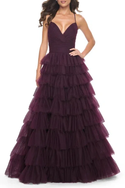La Femme A-line Ruffle Tulle Gown With High Slit And Lace Up Back In Dark Berry