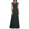 La Femme A-line Satin Dress With Stunning Beaded Neckline And Short Sleeves In Emerald