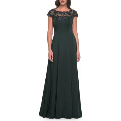 La Femme A-line Satin Dress With Stunning Beaded Neckline And Short Sleeves In Emerald
